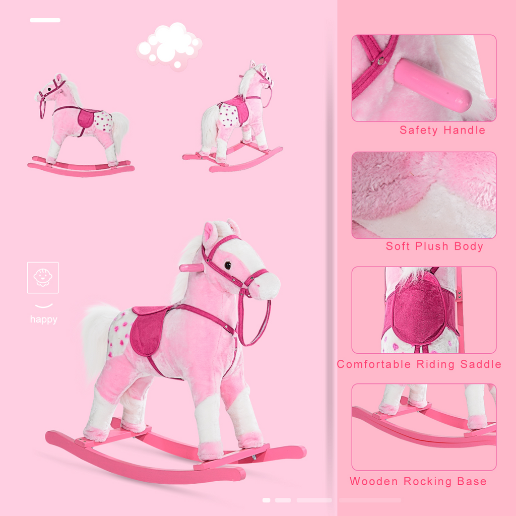 Rocking Horse Toy Plush Wood Pony Riding Rocker Neigh Sound Pink