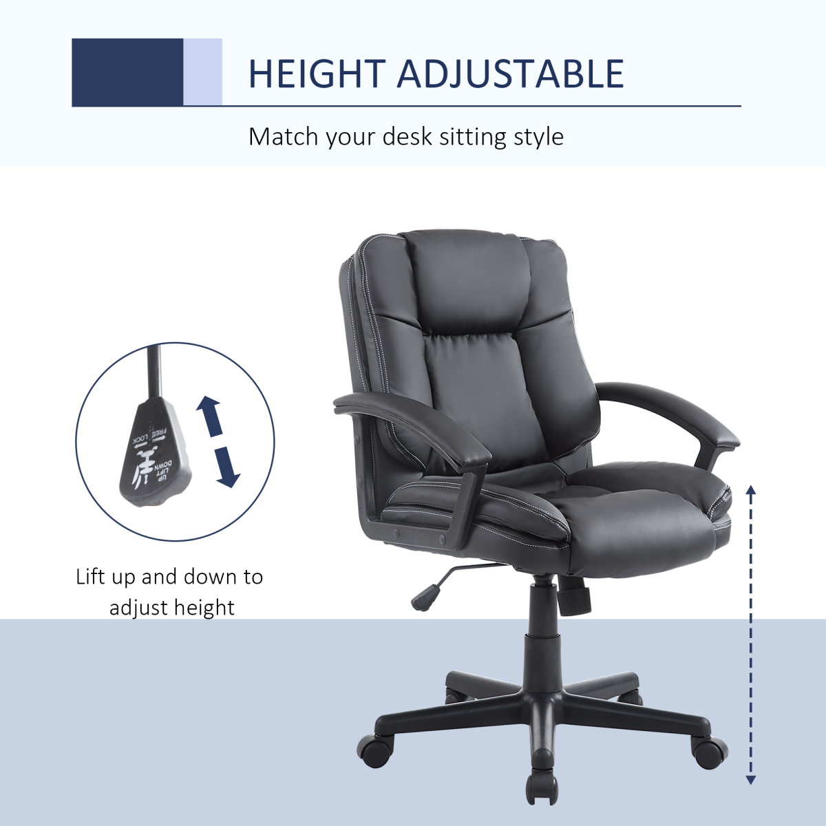 Swivel Executive Office Chair Mid Back PU Leather Chair with Arm, Black HOMCOM