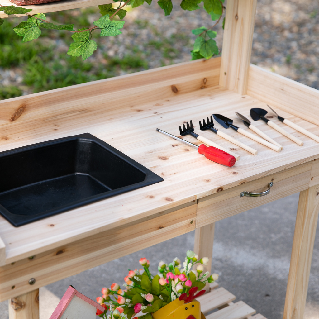 Wooden Bench Work Table & 2 Wheels, Sink, Drawer & Storage Spaces, 92x45x119cm