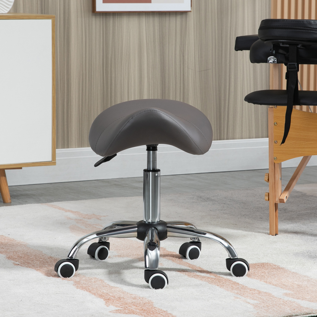 HOMCOM PU Leather Saddle Stool with Moulded Padded Seat Adjustable Height Grey