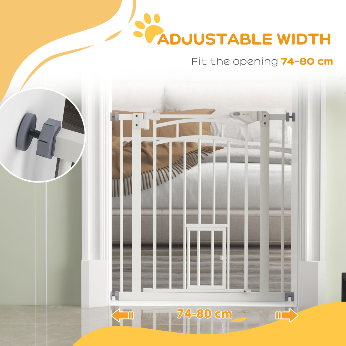 PawHut Pressure Fit, Safety Gate Dog Gate w/ Small Cat Door Opening, 74-80cm