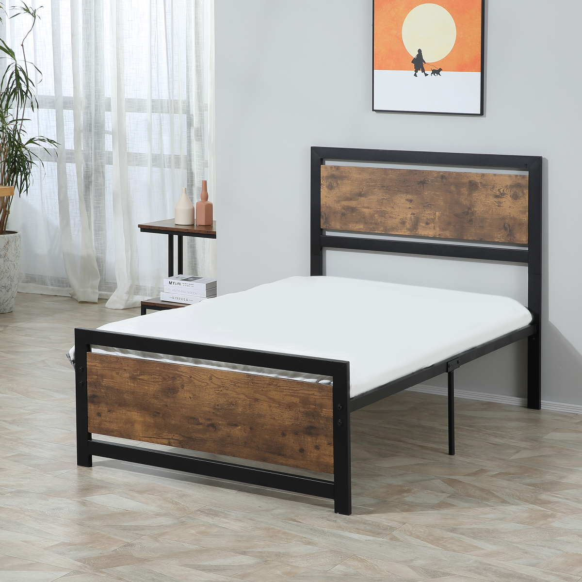 HOMCOM Single Size Metal Bed Frame with Headboard & Footboard, 97x195x103cm