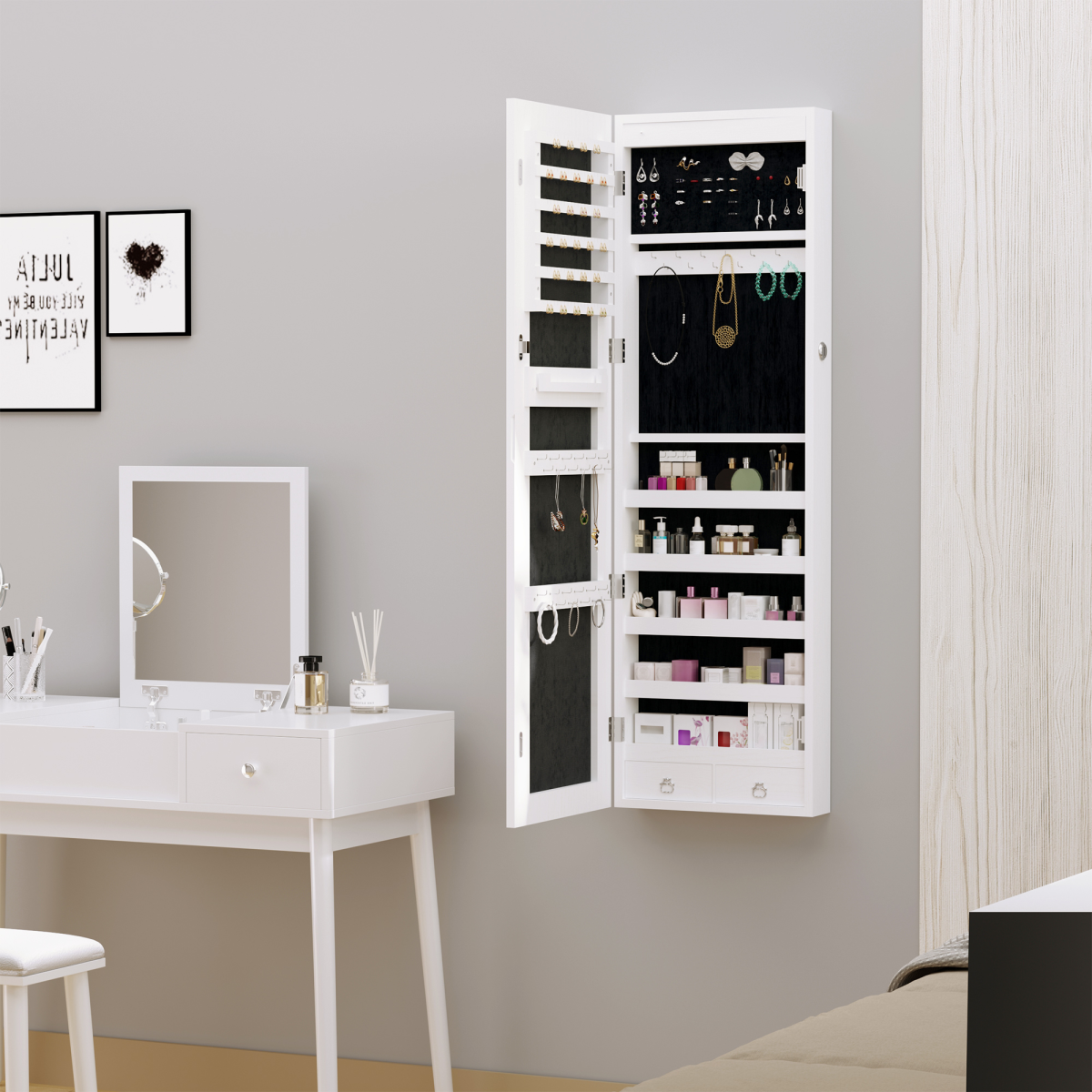 Hanging Mirrored Jewel Storage Cabinet Organiser Lockable w/6 LED White