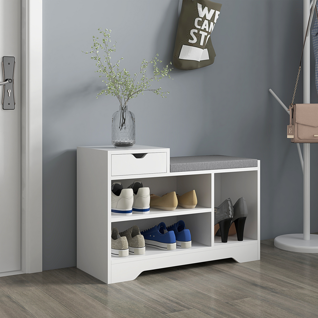 HOMCOM Upholstered Entryway Shoe Bench with Storage Drawer Open Shelf White