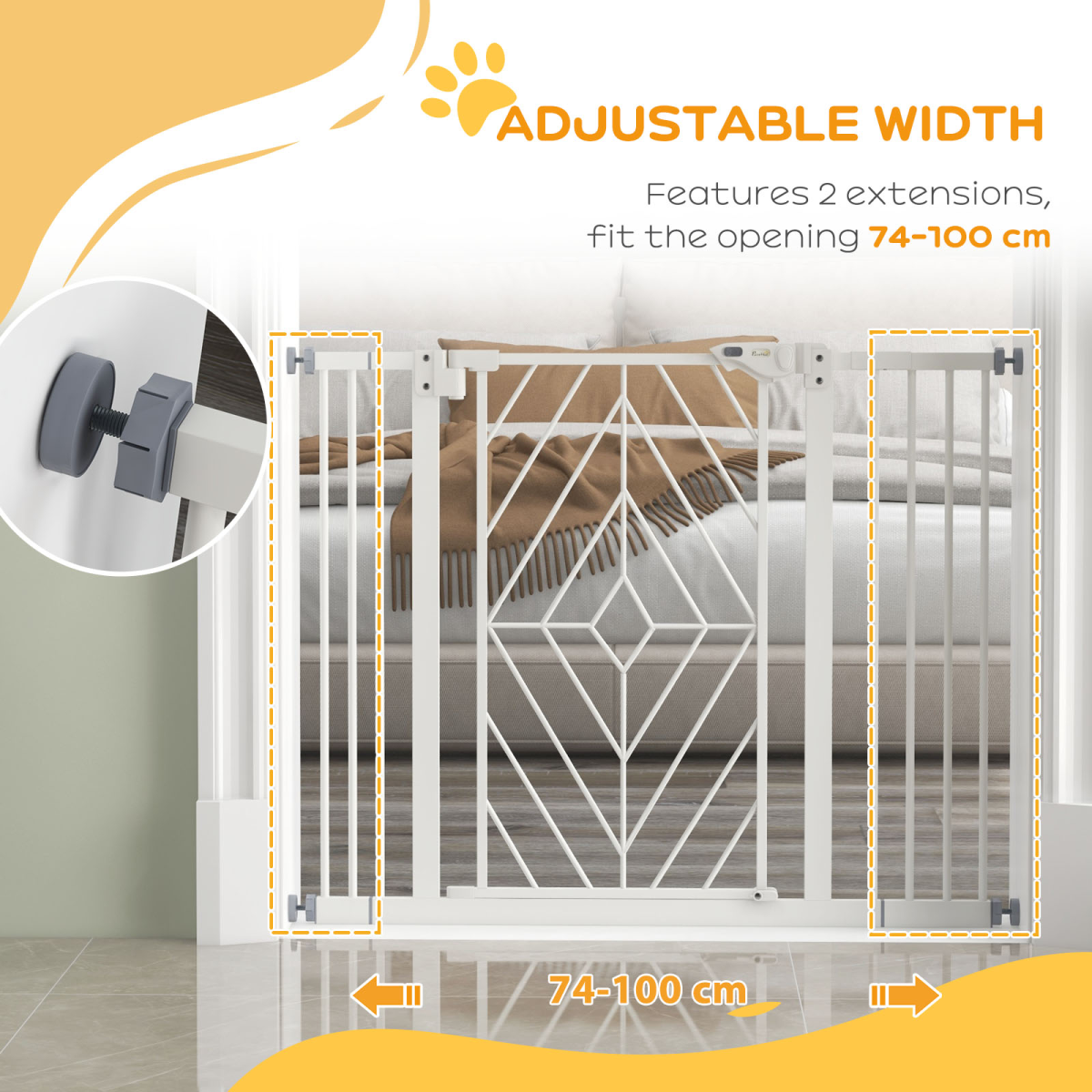 Pressure Fit Safety Gate with Auto Closing Door, Double Locking, 74-100cm Openings