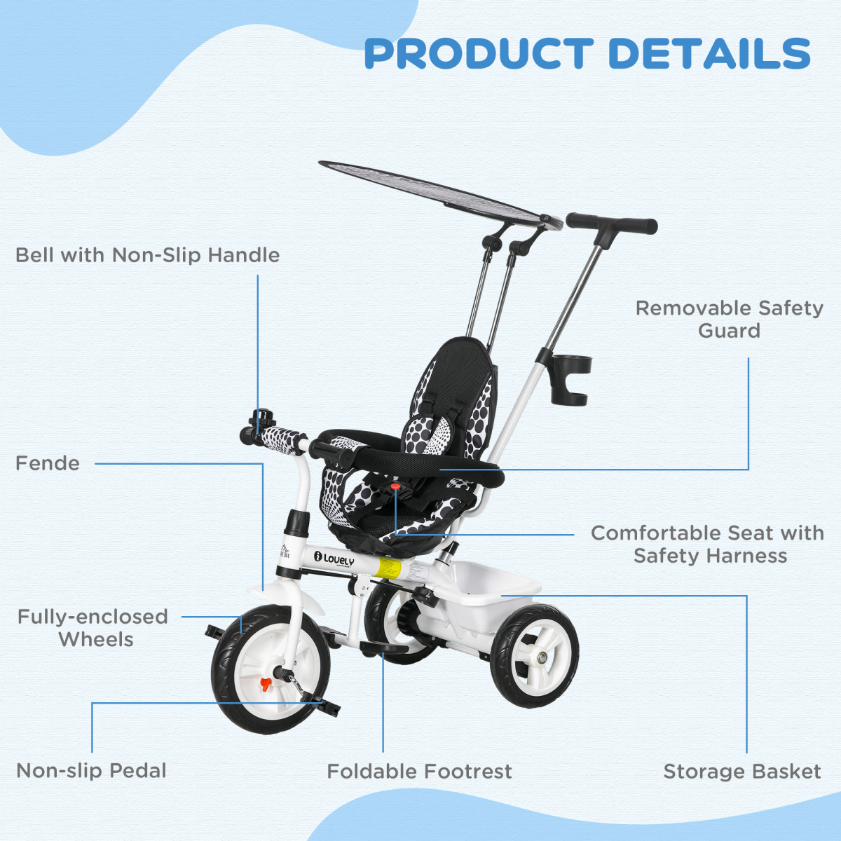 HOMCOM 6 in 1 Kids Tricycle with Removable Handle for 1.5 year, White