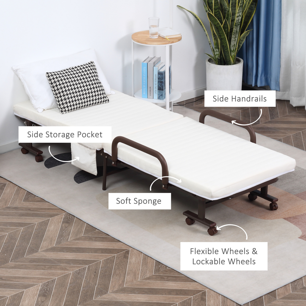 Folding Bed with Mattress & Wheels, Adjustable Backrest, Brown