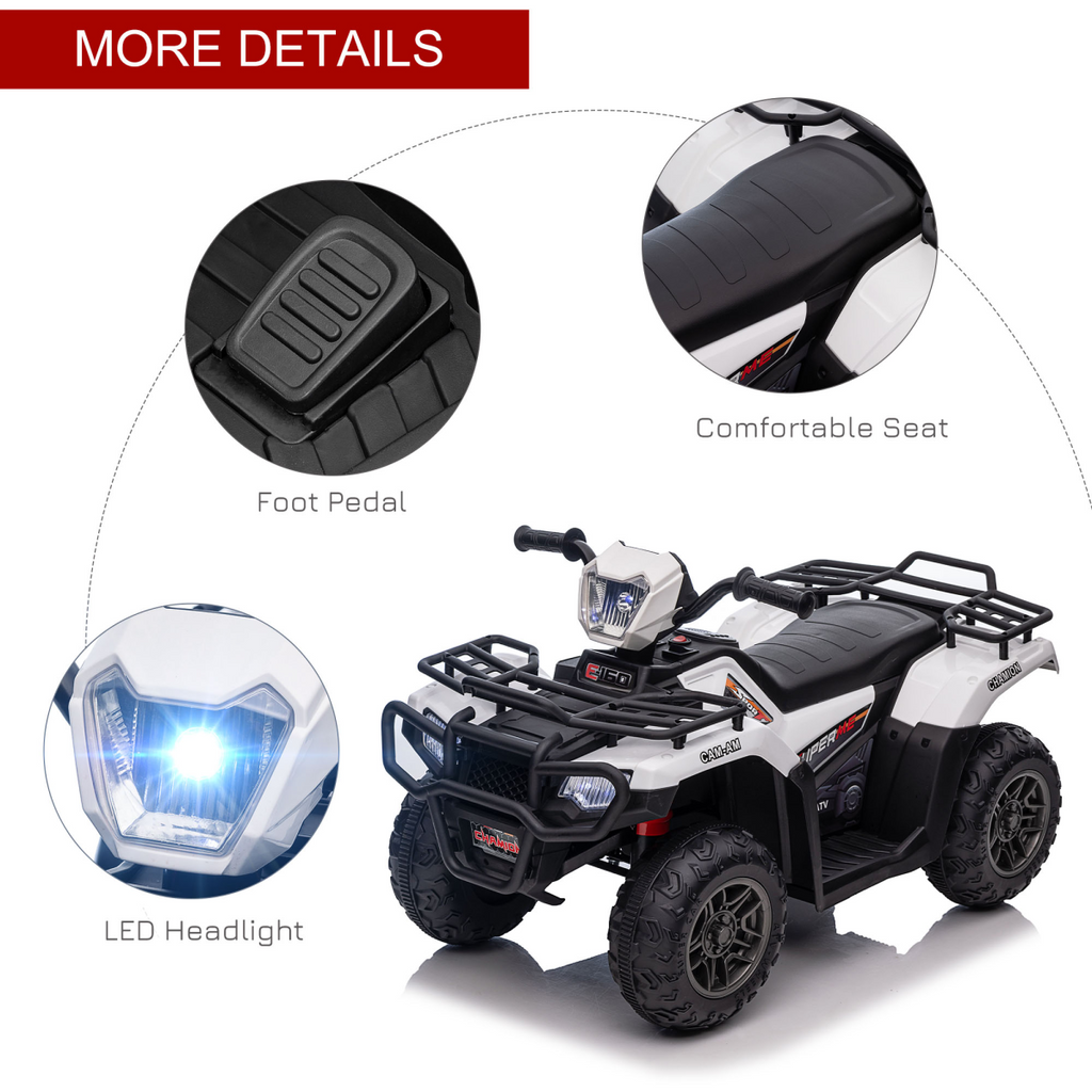 HOMCOM 12V Electric Quad Bike for Kids with LED Headlights, Music - White