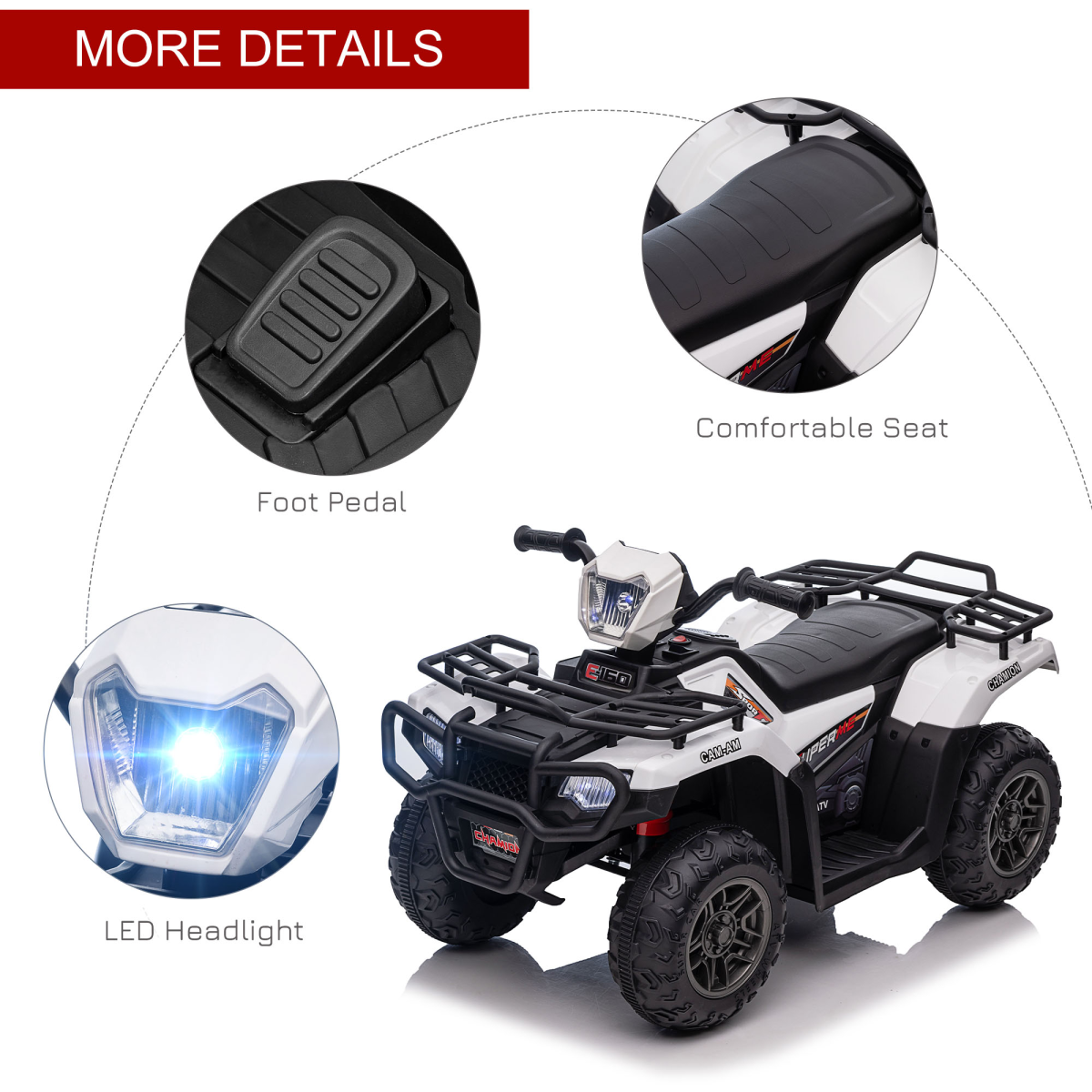 HOMCOM 12V Electric Quad Bike for Kids with LED Headlights, Music - White