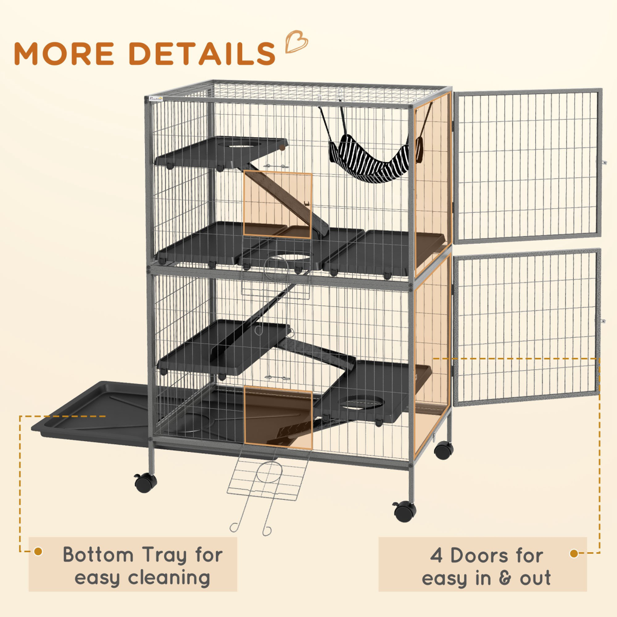 PawHut Small Animal Cages for Chinchilla Ferret Kitten on Wheels W/ Hammock Tray