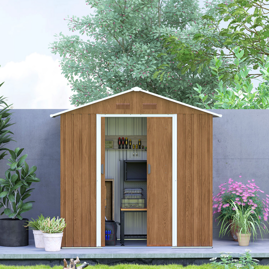 Outsunny 6.5x3.5ft Metal Garden Shed for Garden, Brown Wood Effect