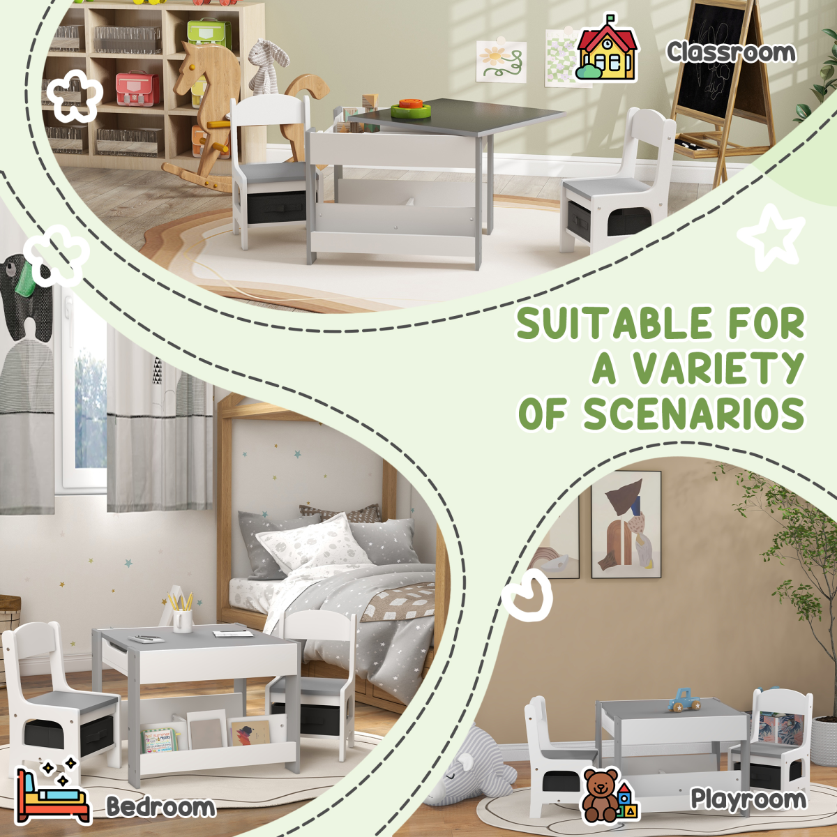 HOMCOM 3PCs Kids Table and Chair Set for Nursery, Playroom, Classroom, Grey