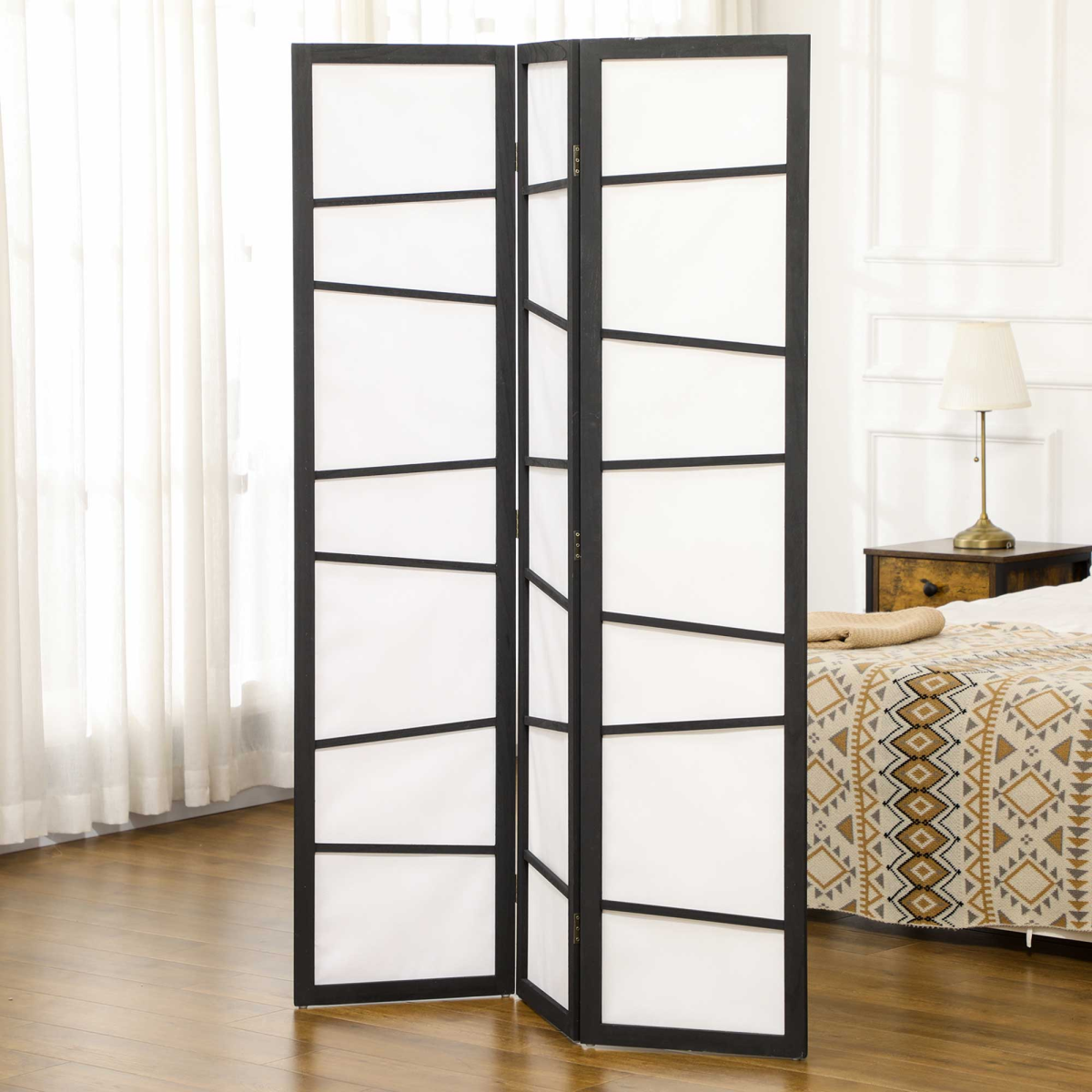 HOMCOM Folding Room Divider 3 Panel Privacy Screen Protector with Wooden Frame