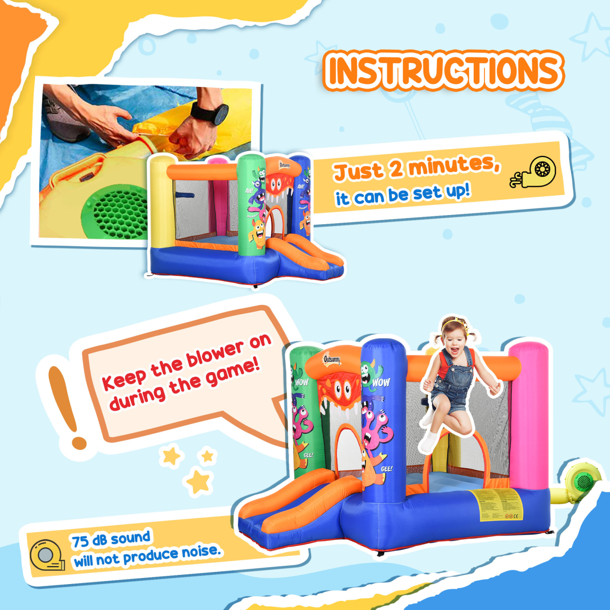 Bouncy Castle with Slide Basket Trampoline Monster Design