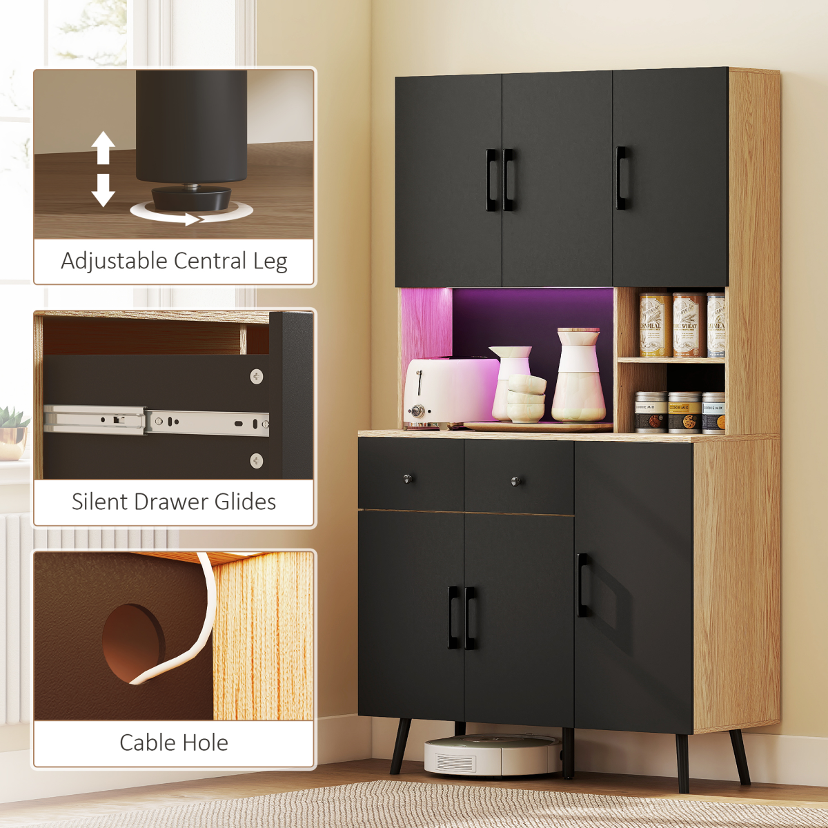 HOMCOM Tall Kitchen Cupboard with LED Lights and Adjustable Shelves, Oak