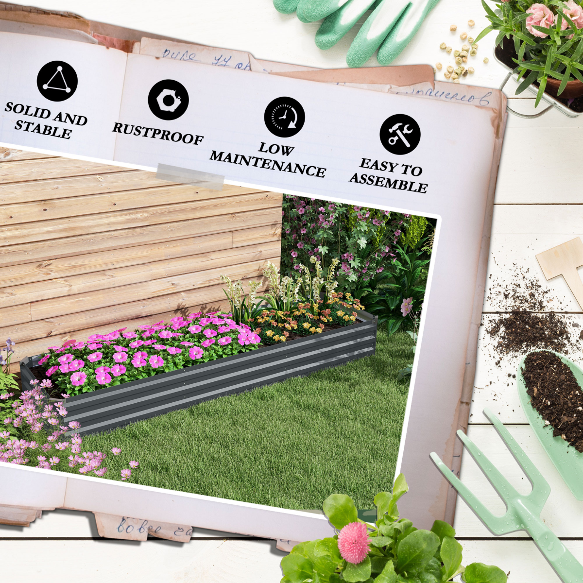 Outsunny Galvanised Raised Bed for Garden, Outdoor Elevated Planter Box, Grey