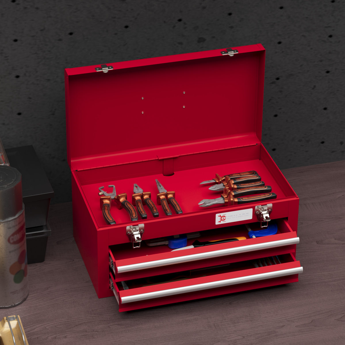 DURHAND Lockable 2 Drawer Tool Chest with Ball Bearing Slide Drawers Red