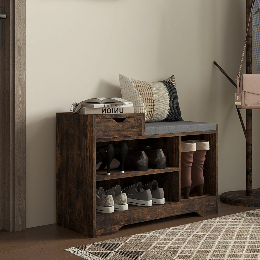 HOMCOM Upholstered Entryway Shoe Bench with Storage Drawer Open Shelf Brown