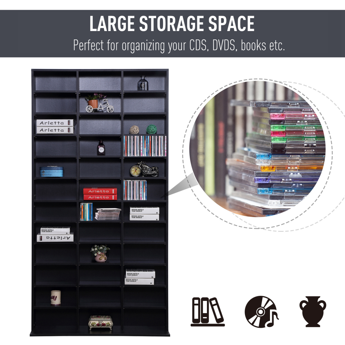 HOMCOM CD DVD Media Storage Shelves Display Shelf Racks Wooden Frame Black