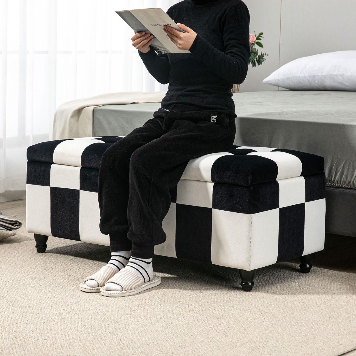114 x 47 x 47cm Velvet Storage Ottoman, Button-tufted Footstool Box