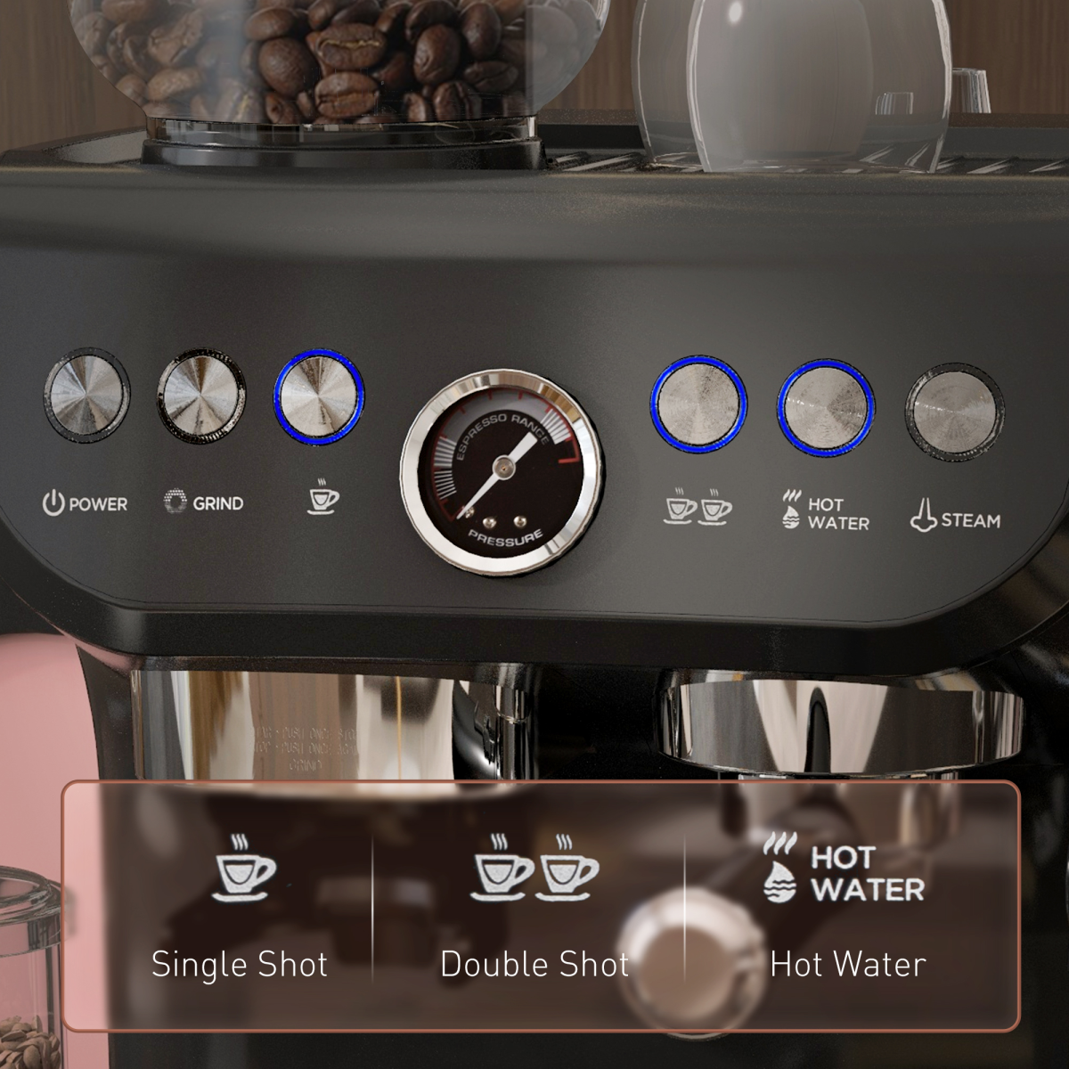 Espresso Coffee Machine with Integrated Bean Grinder & Steam Wand 15 Bar Pressure