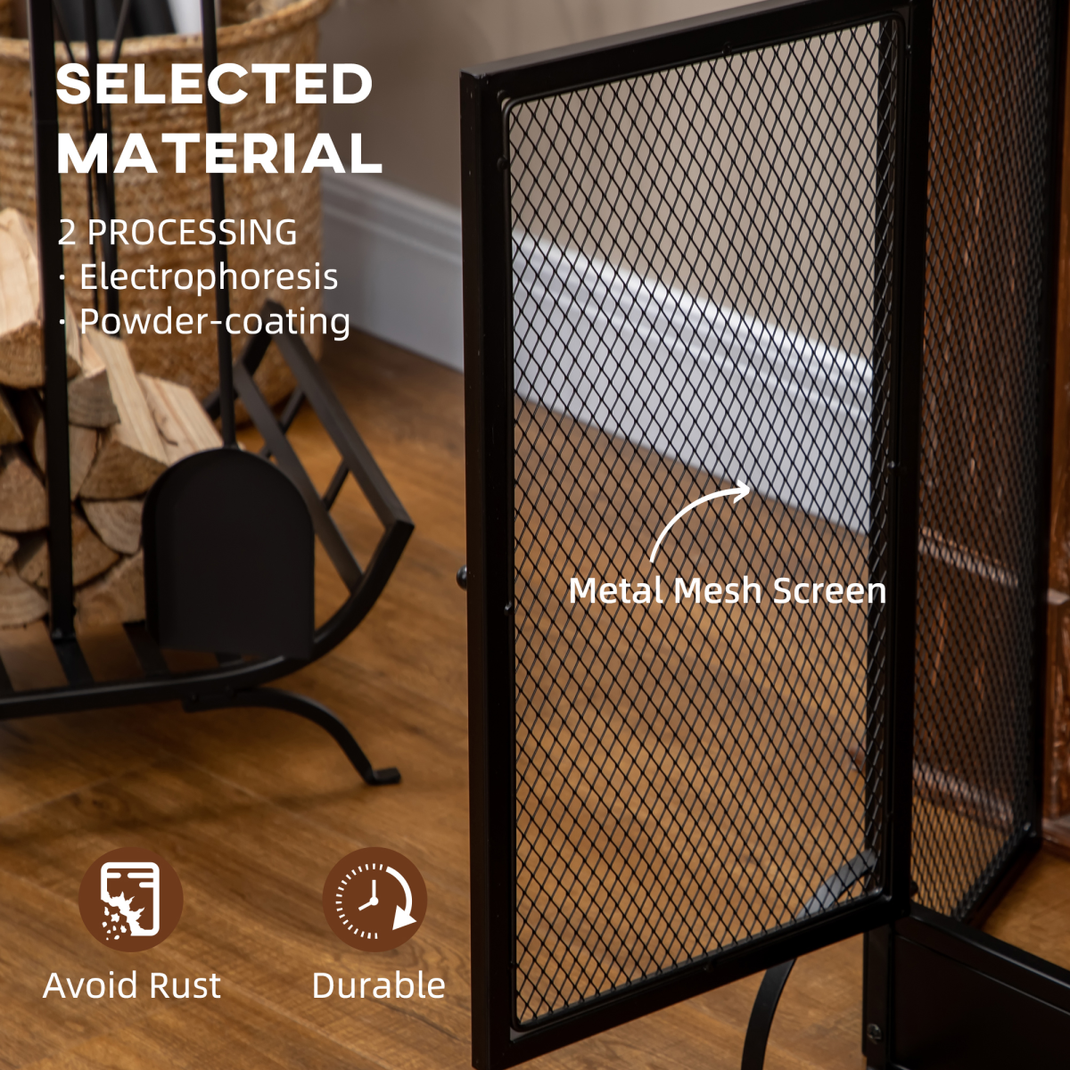 3-Panel Folding Fireplace Screen Spark Guard Metal Mesh Fireguard Black