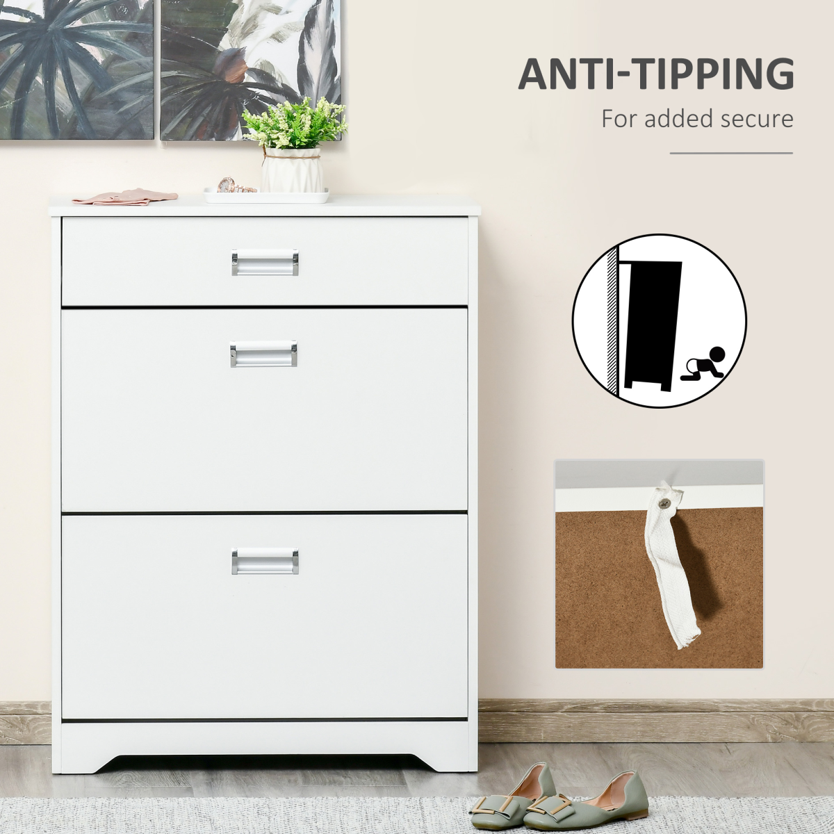 Tipping Shoe Cabinet Hall Organizer  Flip Drawers for Entry 16 Pairs