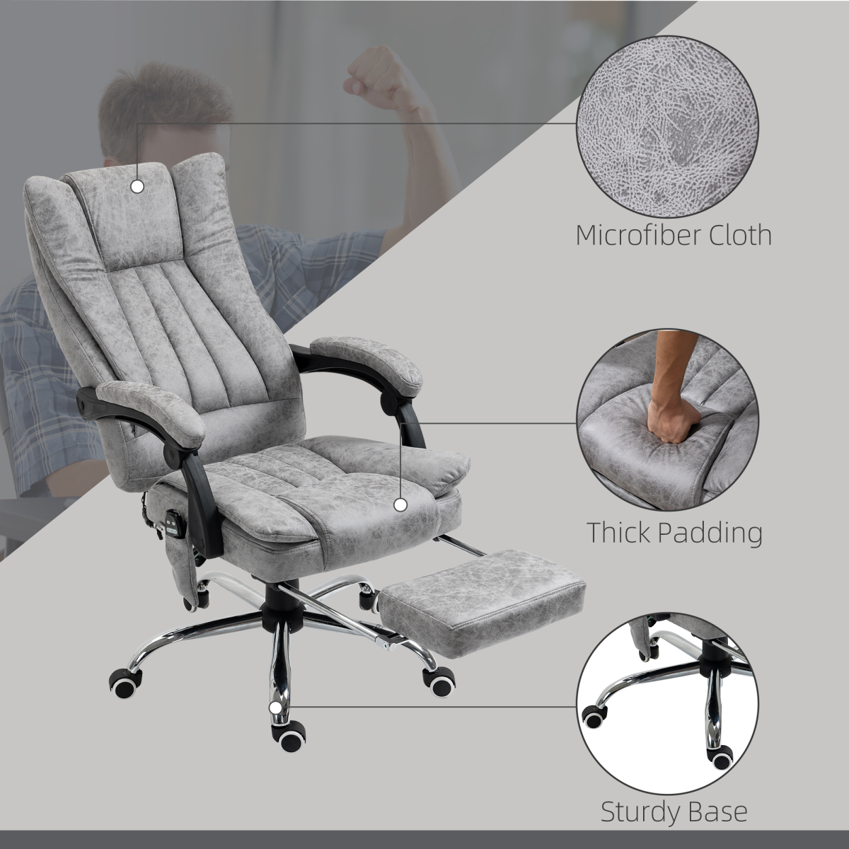 6-Point Vibrating Massage Office Chair with Microfibre Upholstery Arms Grey