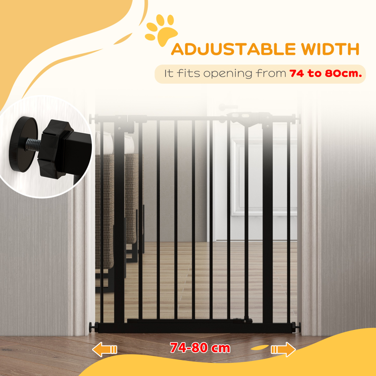 PawHut Adjustable Safety Gate with 1 Extensions and Four Adjustable Screws, Black
