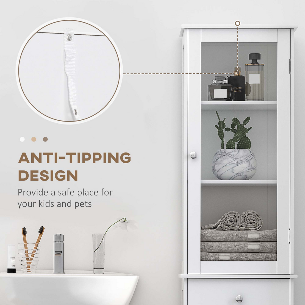 Bathroom Storage Cabinet with 3-tier Shelf Drawer Glass Door, Shelves, White