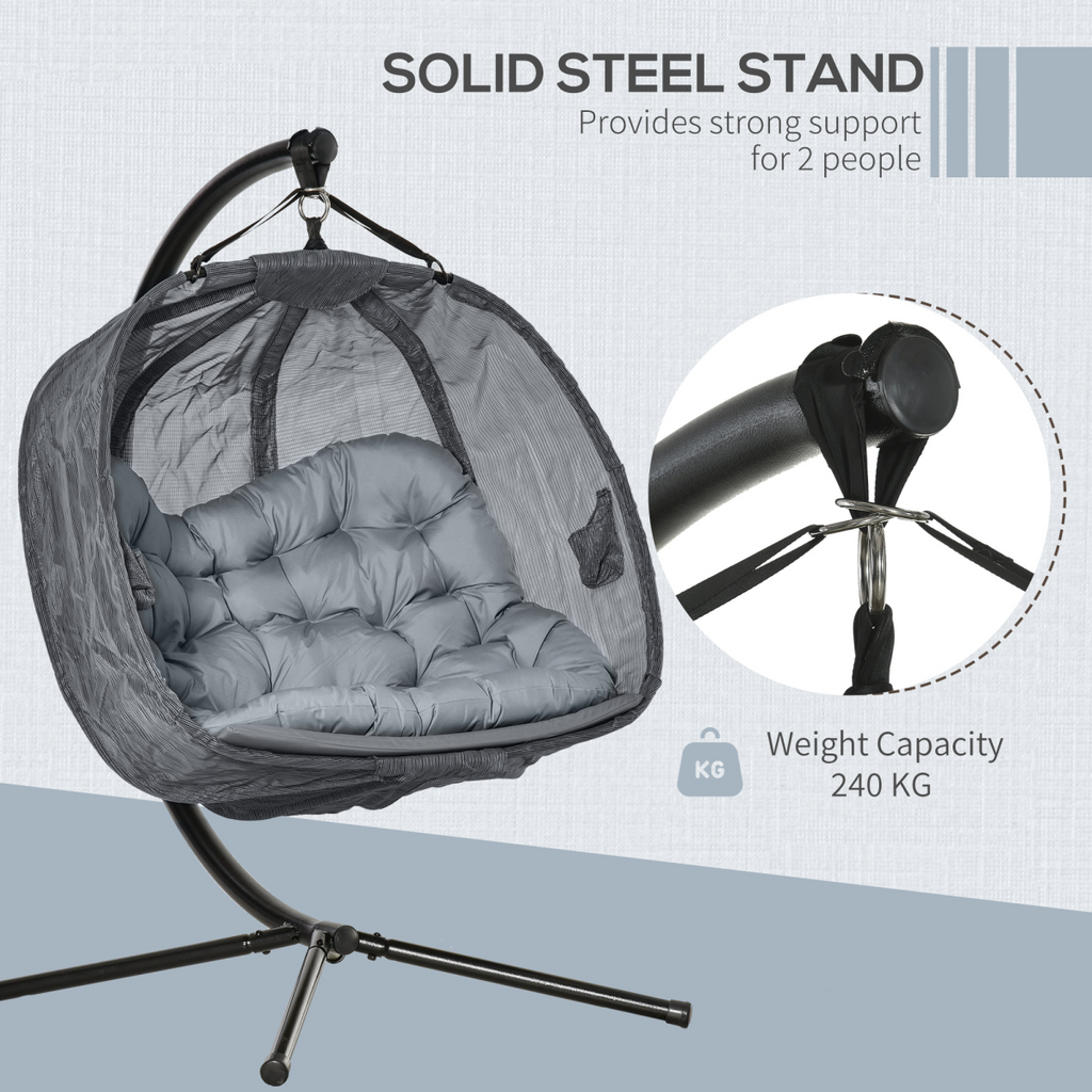 Double Hanging Egg Chair 2 Seaters Swing Hammock w/ Cushion, Grey