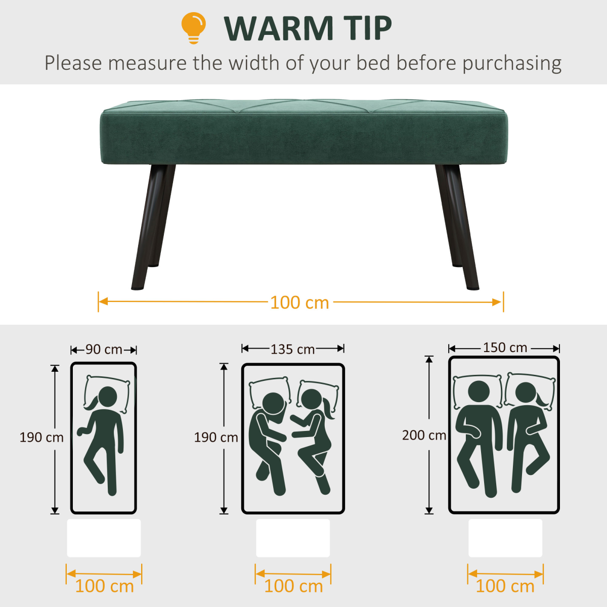 HOMCOM End of Bed Bench, Upholstered Hallway Bedroom with Steel Legs, Green