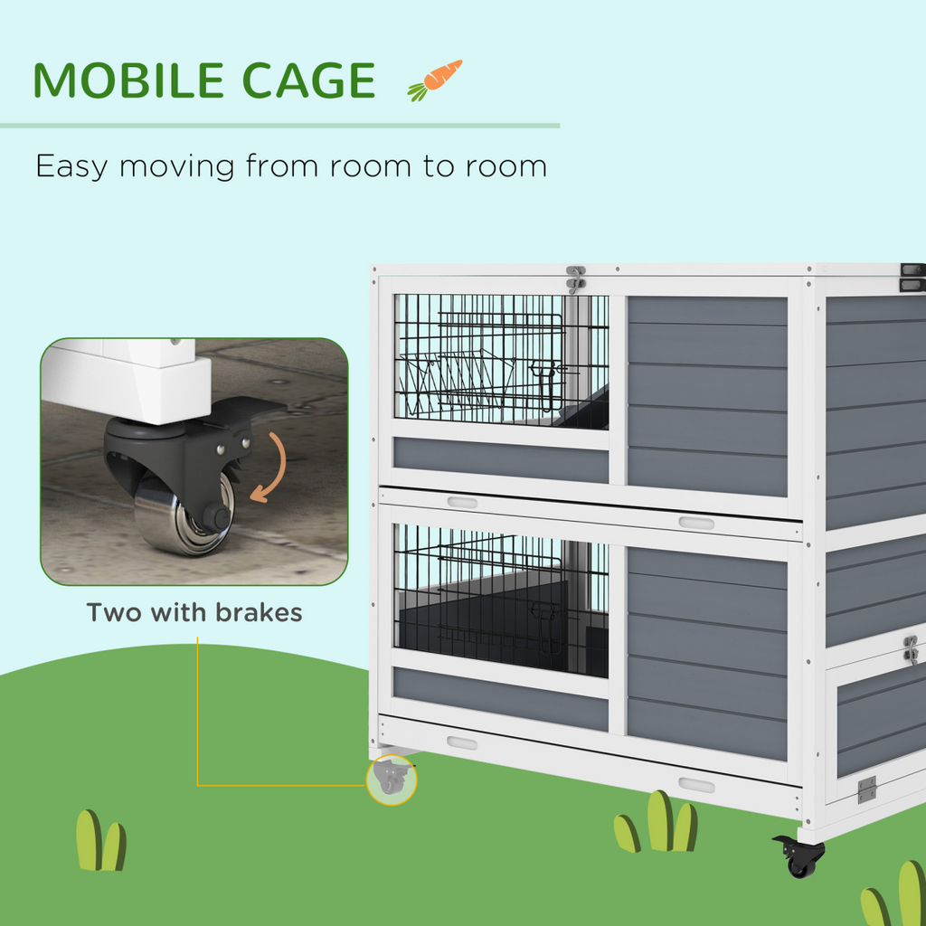 PawHut Double Deckers Indoor Rabbit Hutch w/ Feeding Trough, Slide-Out Trays