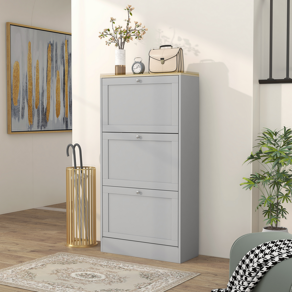 HOMCOM Narrow Shoe Cabinet with 3 Flip Drawers for 18 Pairs of Shoes Grey