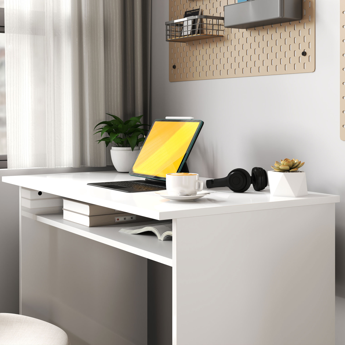 HOMCOM Computer Desk Writing Table Study Workstation Storage High Gloss White