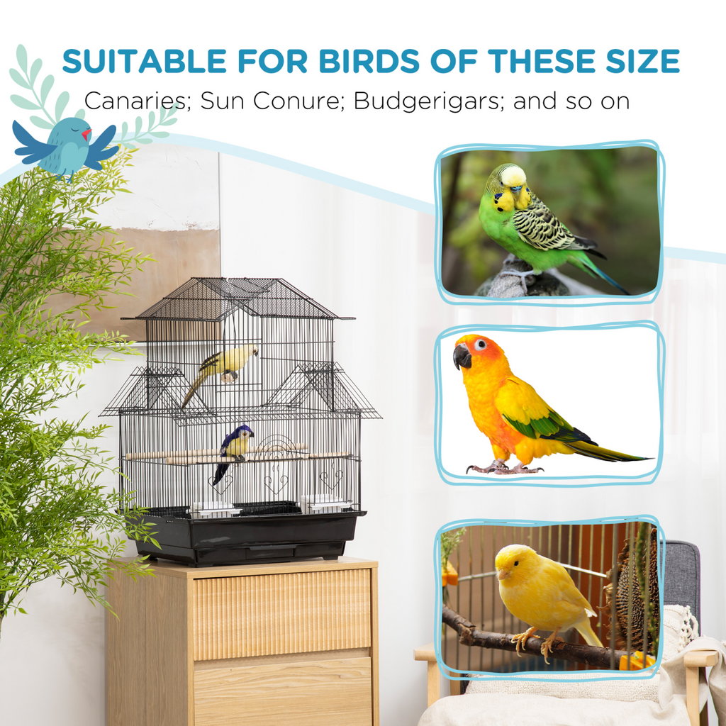 Metal Bird Cage w/ Plastic Perch Food Container Handle 50.5 x 40 x 63cm Black