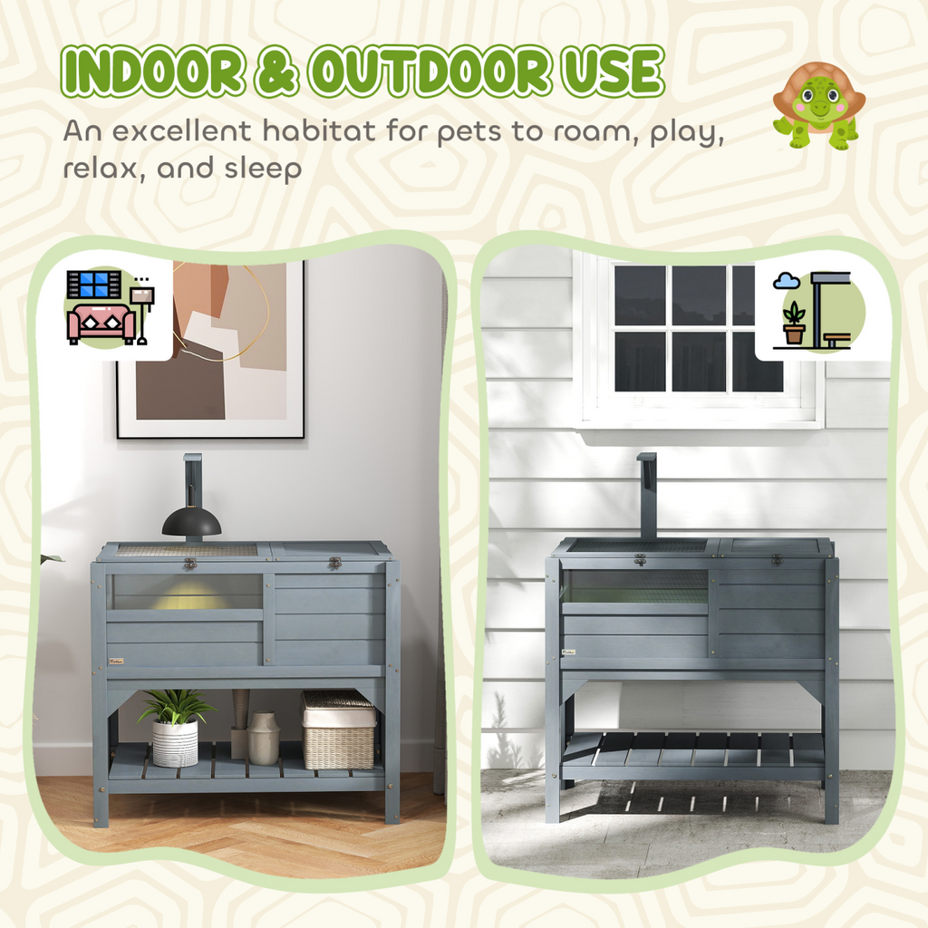 PawHut Wooden Tortoise House w/ Run, Shelter, Shelf, Lamp Holder, Grey