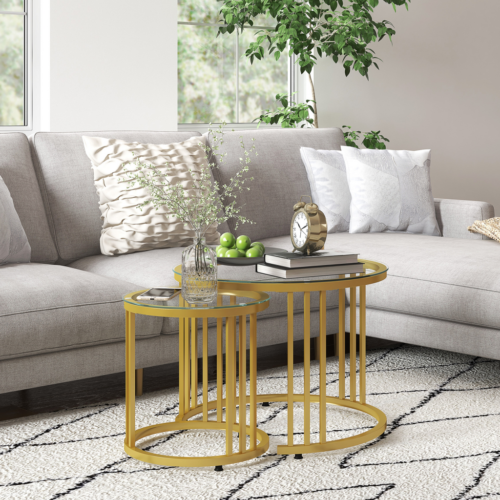 HOMCOM 2 Pieces Round Nesting Coffee Tables with Tempered Glass Top, Gold Tone