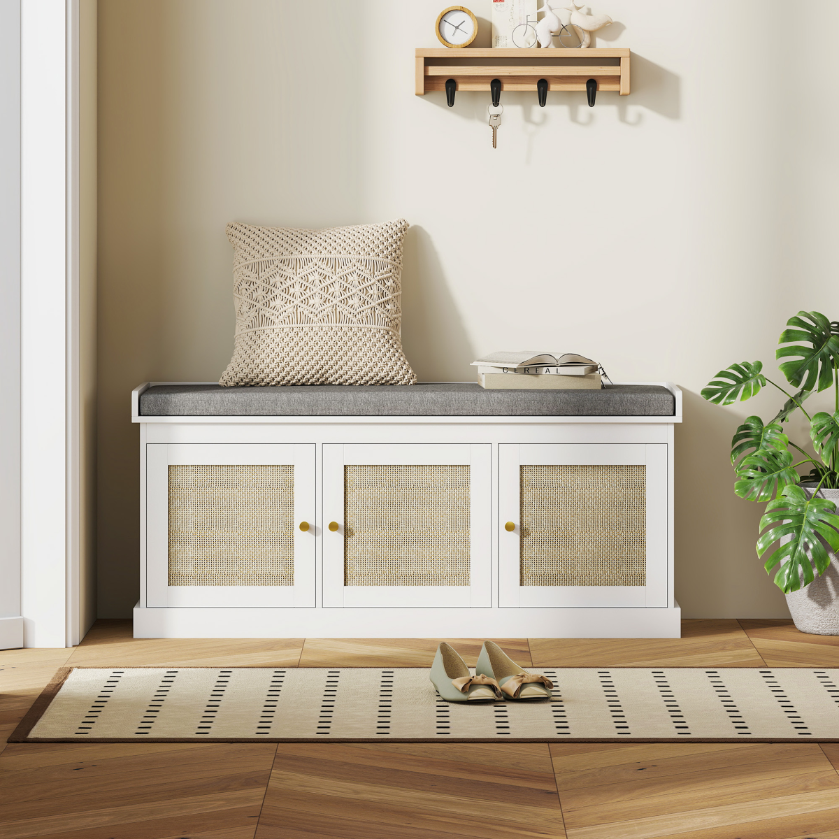 HOMCOM Shoe Storage Bench with Rattan Doors, Cushion, Entryway Shoe Bench