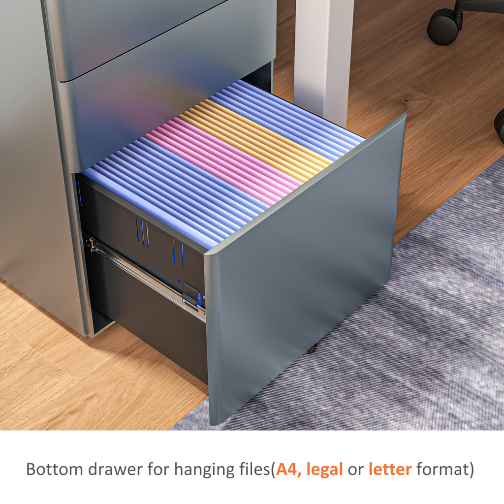 Vinsetto 3 Drawer Metal Filing Cabinet Lockable 5 Wheels Compact Under Desk Grey