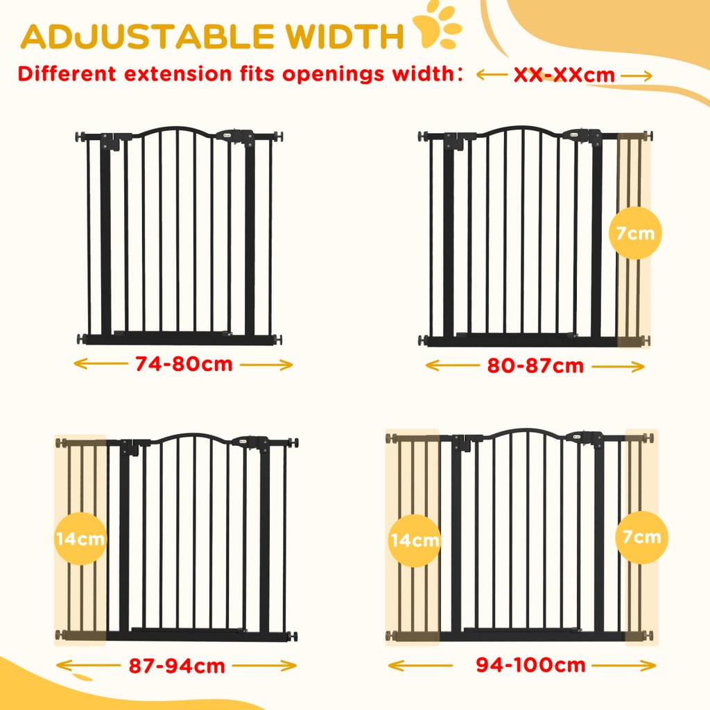 PawHut 74-100cm Adjustable Metal Pet Gate Safety Barrier w/ Auto-Close Black