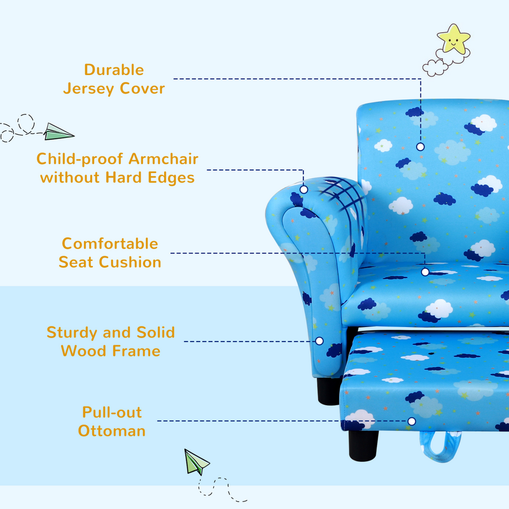 Cute Cloud Star Child Armchair Seat Wood Frame with Footrest Padding Blue