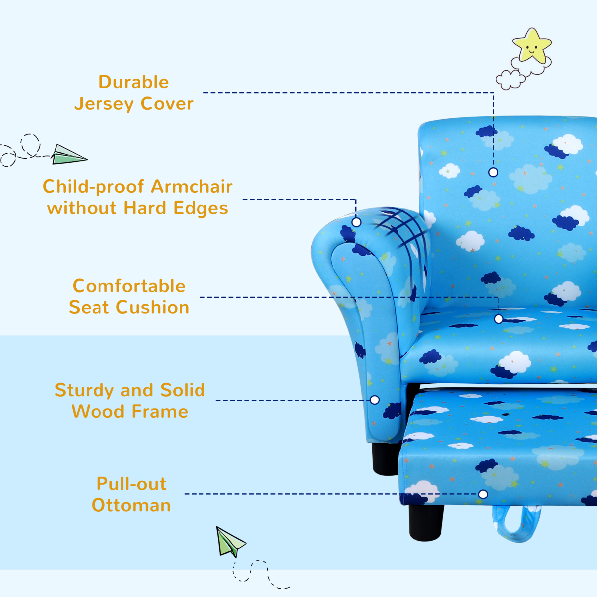Cute Cloud Star Child Armchair Seat Wood Frame with Footrest Padding Blue
