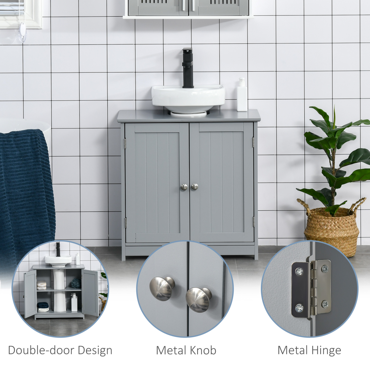 kleankin 60x60cm Under-Sink Storage Cabinet  Adjustable Shelf Drain Hole Grey