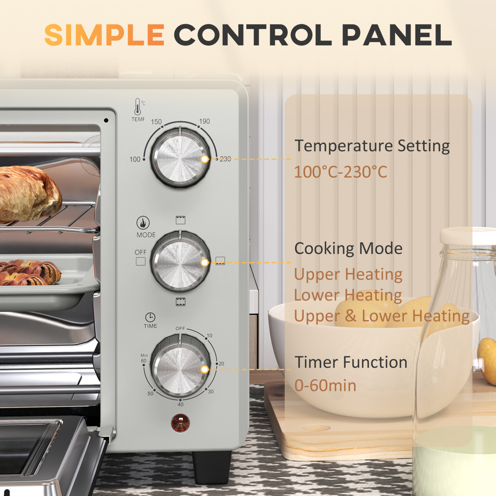 HOMCOM Mini Oven 21L Electric Grill w/ Adjustable Temp 1400W, Silver Tone