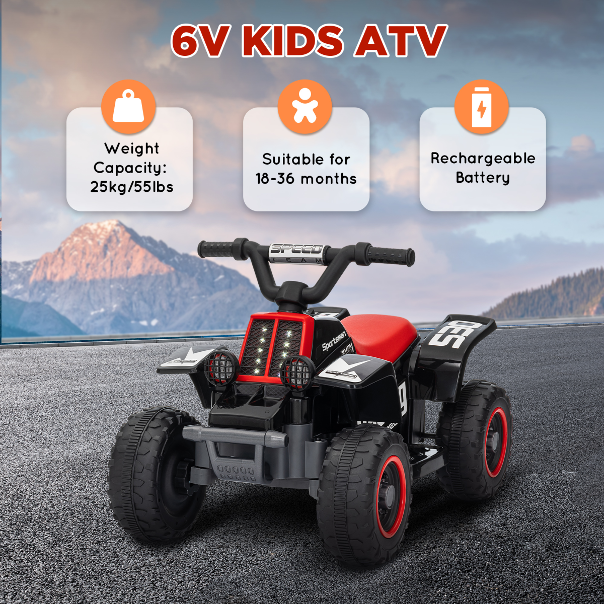 AIYAPLAY 6V Electric Quad Bike for Kids with Forward Backward, Black and Red