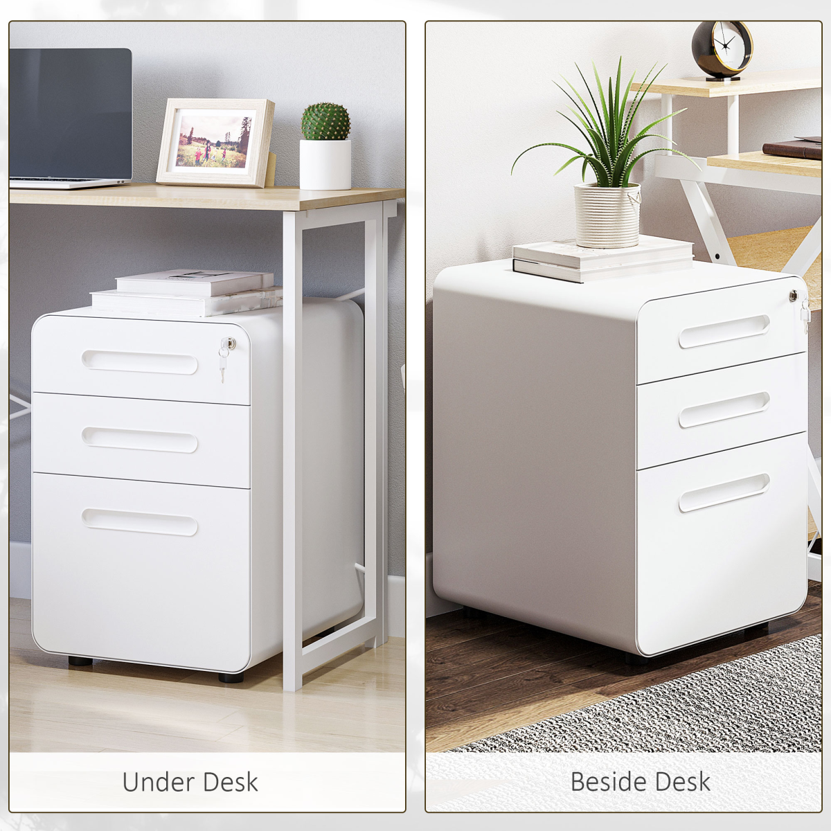 3 Draw Modern Steel Filing Cabinet w/ 4 Wheels Lock Pencil Box White Vinsetto