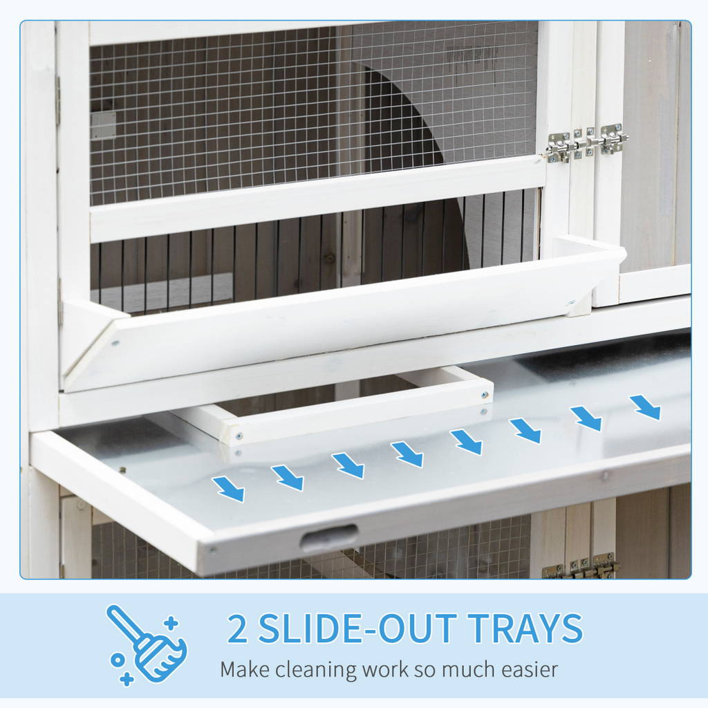 Two-Tier Wooden Rabbit Hutch w/ Wheels, Trough, Rain Cover, Tray - Grey Pawhut