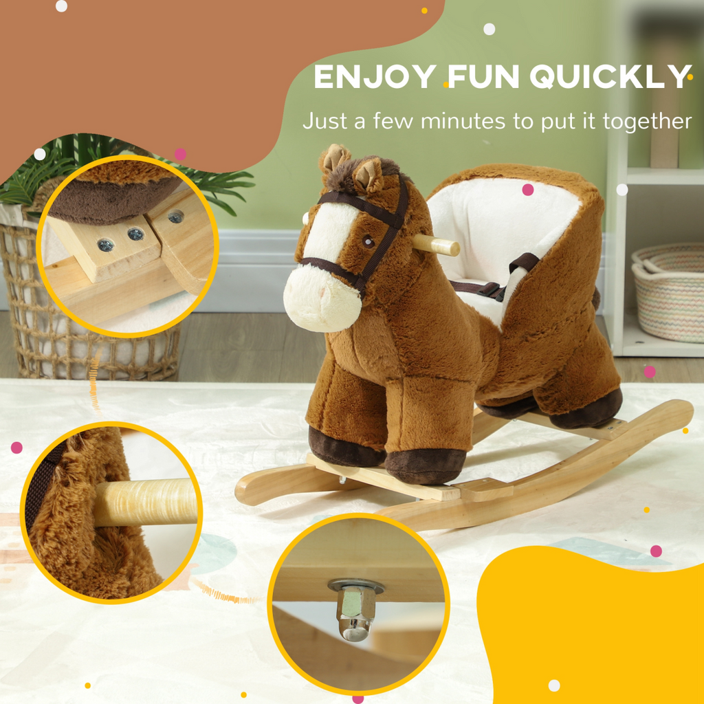 AIYAPLAY Kids Rocking Horse with Sound, Safety Belt - Brown