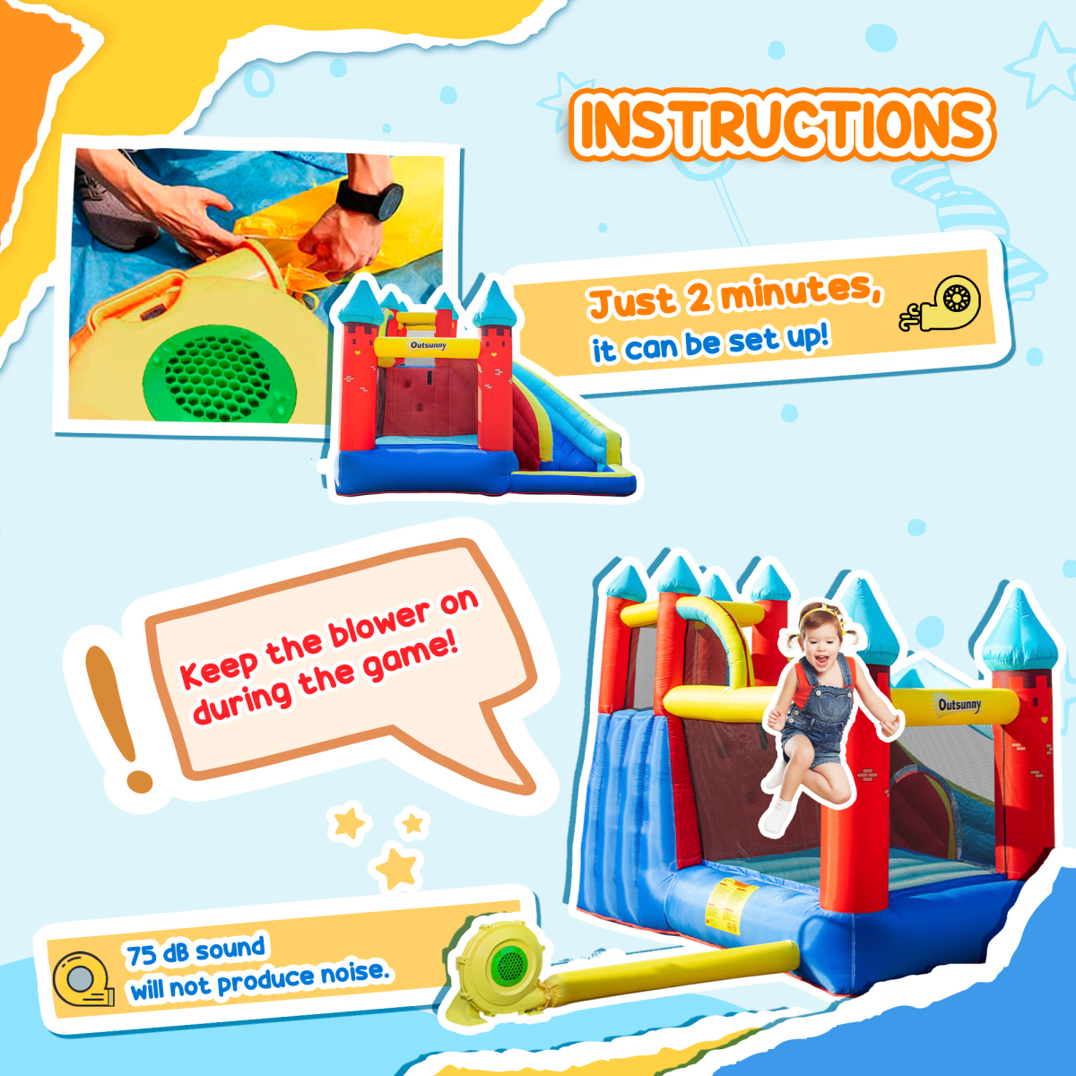 Kids Bouncy Castle with Slide Pool Trampoline Climbing Wall w/ Blower